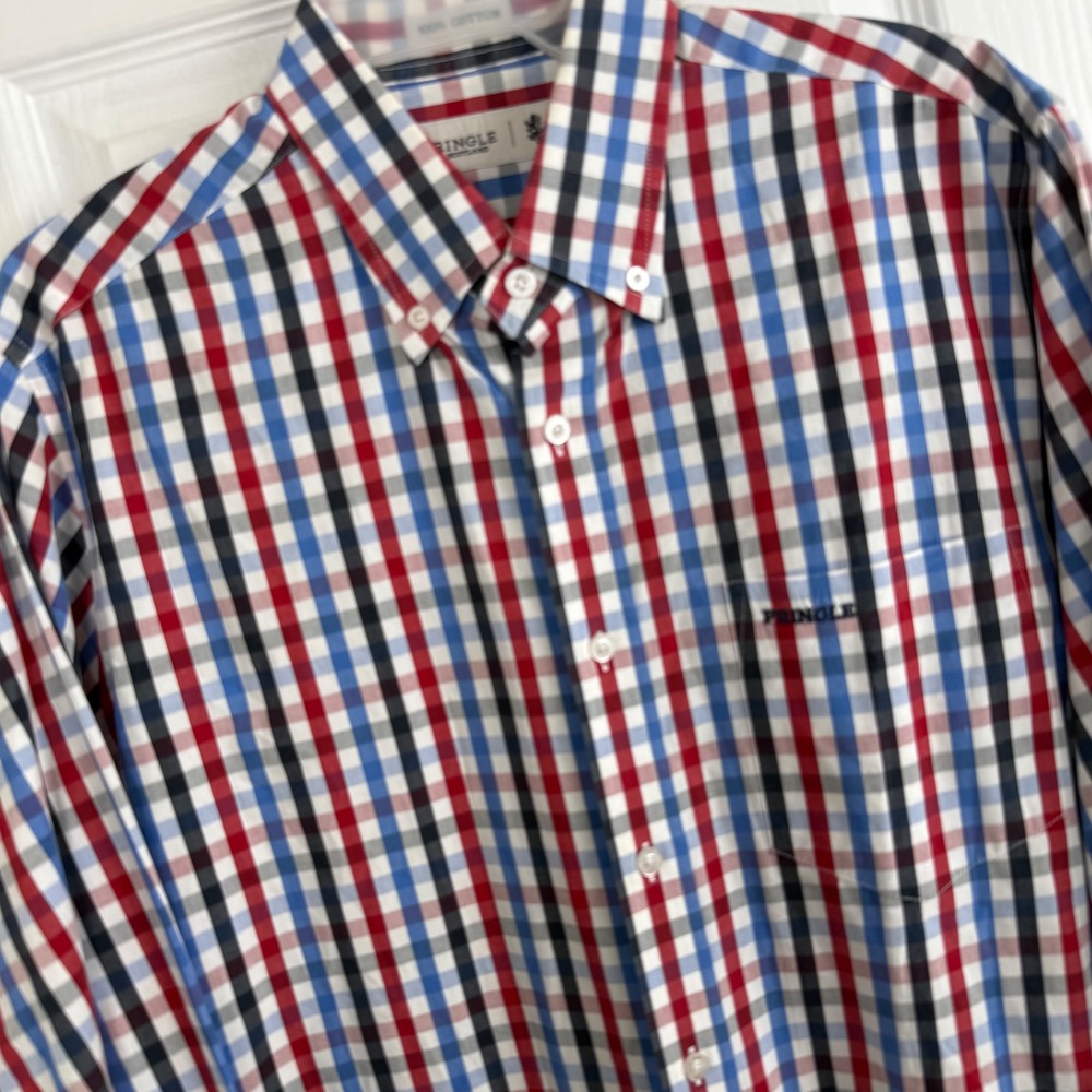 Pringle Scotland Shirt Mens L Plaid Button Up Red Blue Preppy Classic